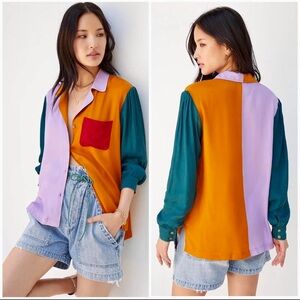 Anthropologie Farm Rio Color Block Puff Sleeve Button Up Top